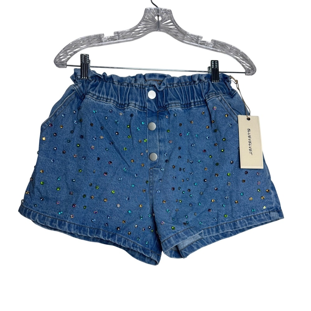 Blue Velvet Rhinestone Light Wash Denim Shorts Paperbag Waist Festival Small